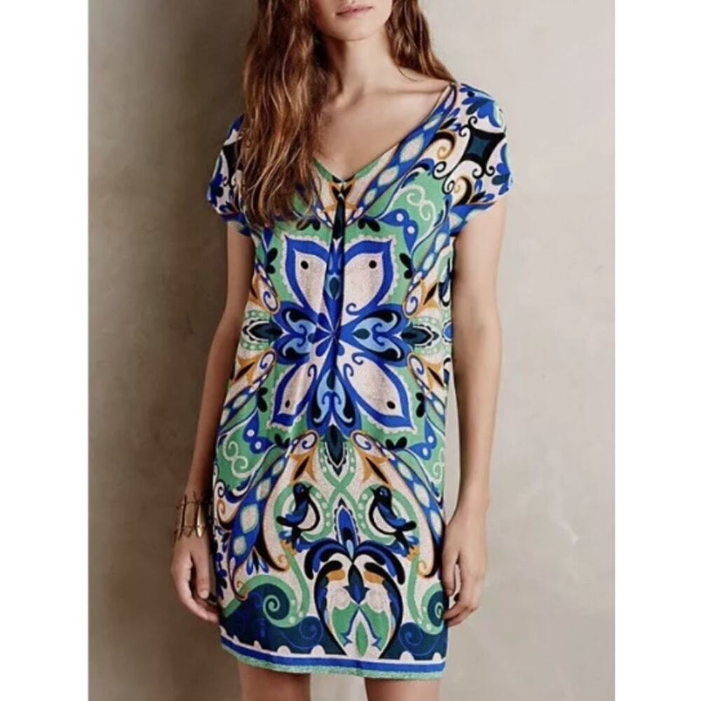 Anthropologie Maeve Folksong Shift Abstract Colorful Dress Blue Green Size XS